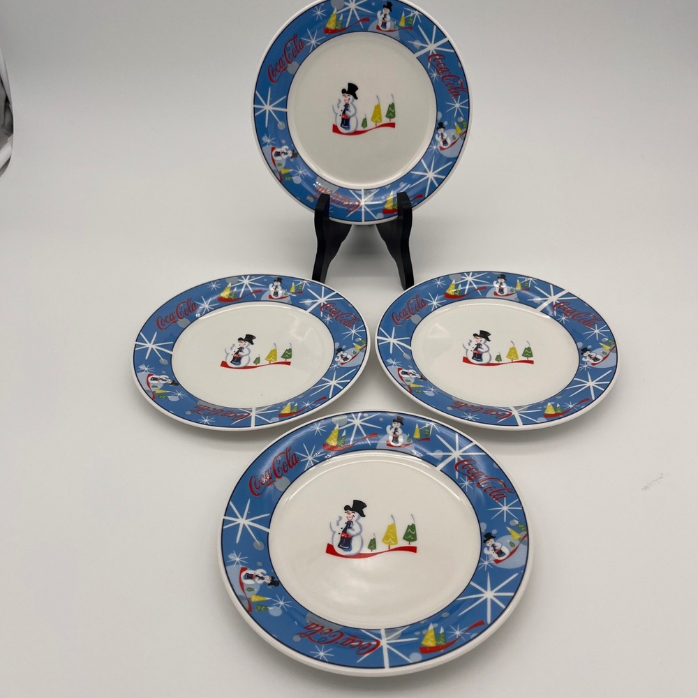 Coca-Cola Snowman Holiday Dessert Plates Set of 4 Blue Snowflake Christmas 7in